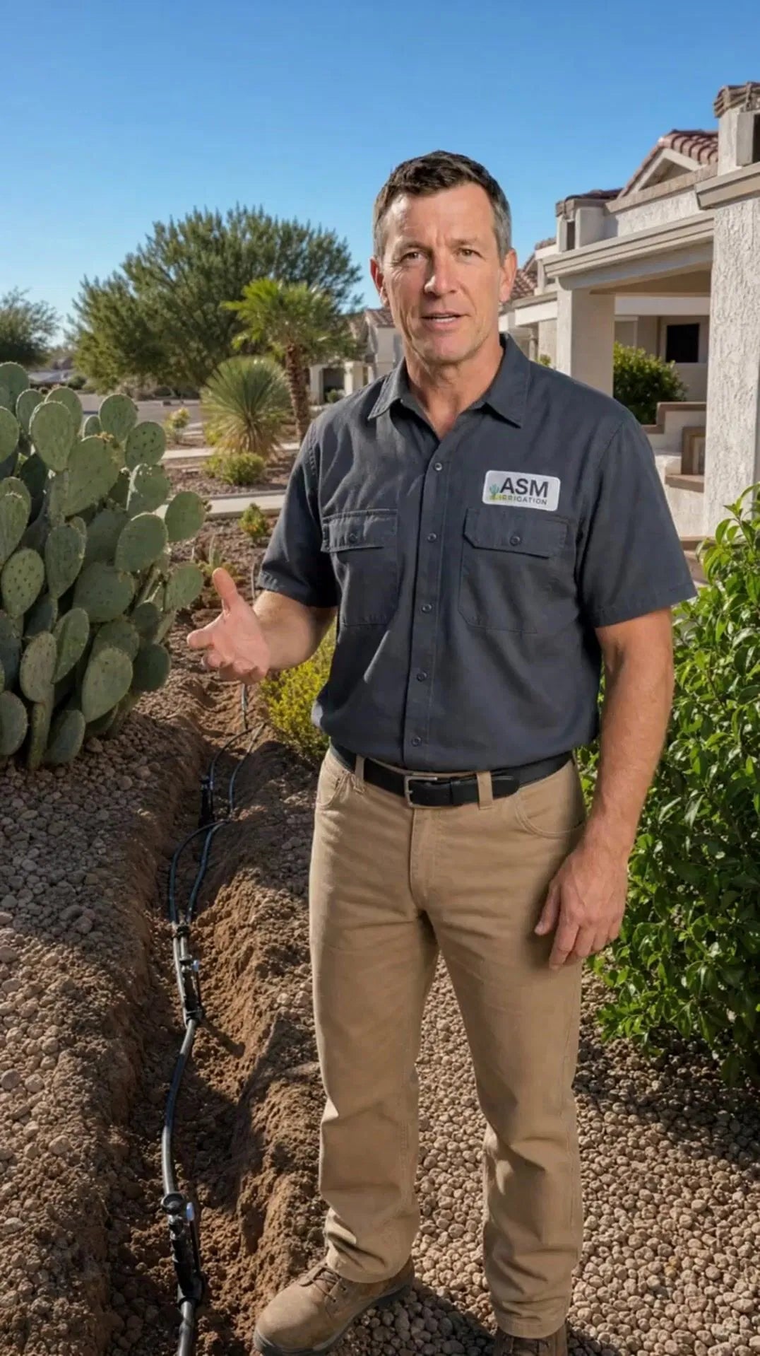 ASM Irrigation technician inspecting drip irrigation beside an Arizona landscape